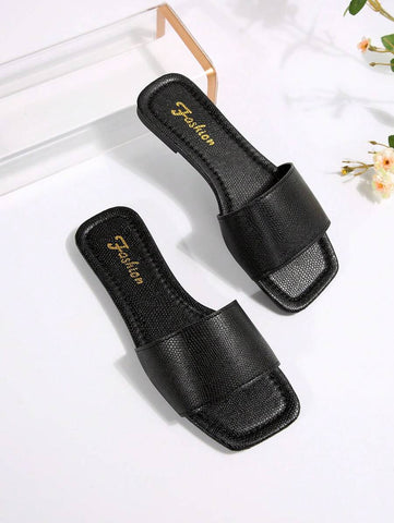 Sandálias Plus Size Slide, Novas Sandálias Rasas Pretas Bico Quadrado Primavera Verão, Combine com Vestidos para Fazer as Pernas Parecerem Mais Longas, Sandálias da Moda, Lindas Meninas Verão Praia Slip On Chinelos Antiderrapantes
