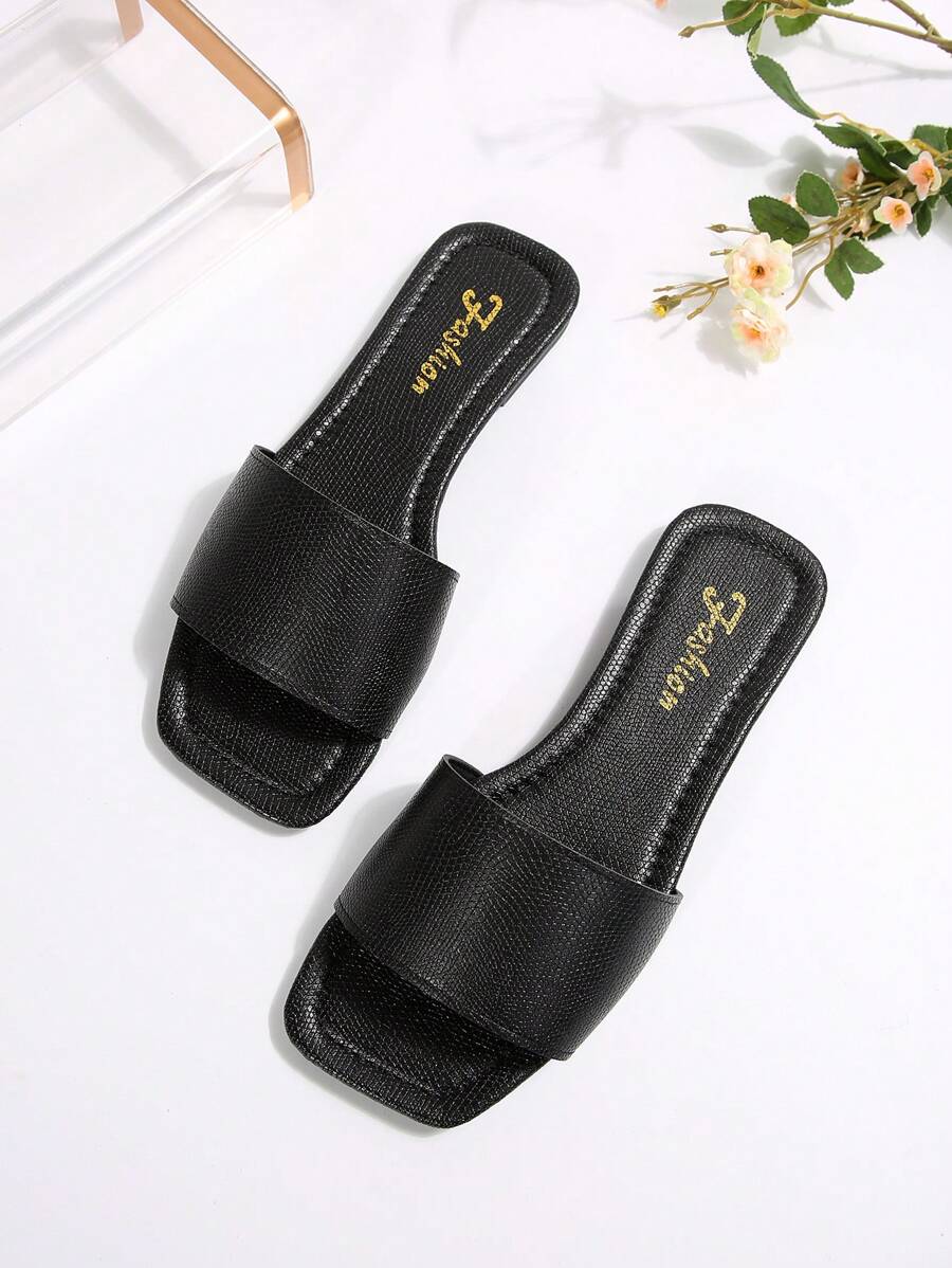 Sandálias Plus Size Slide, Novas Sandálias Rasas Pretas Bico Quadrado Primavera Verão, Combine com Vestidos para Fazer as Pernas Parecerem Mais Longas, Sandálias da Moda, Lindas Meninas Verão Praia Slip On Chinelos Antiderrapantes
