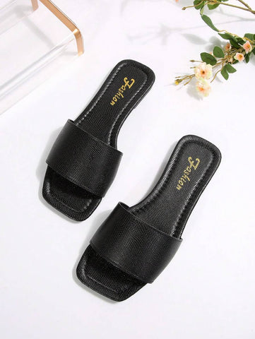 Sandálias Plus Size Slide, Novas Sandálias Rasas Pretas Bico Quadrado Primavera Verão, Combine com Vestidos para Fazer as Pernas Parecerem Mais Longas, Sandálias da Moda, Lindas Meninas Verão Praia Slip On Chinelos Antiderrapantes