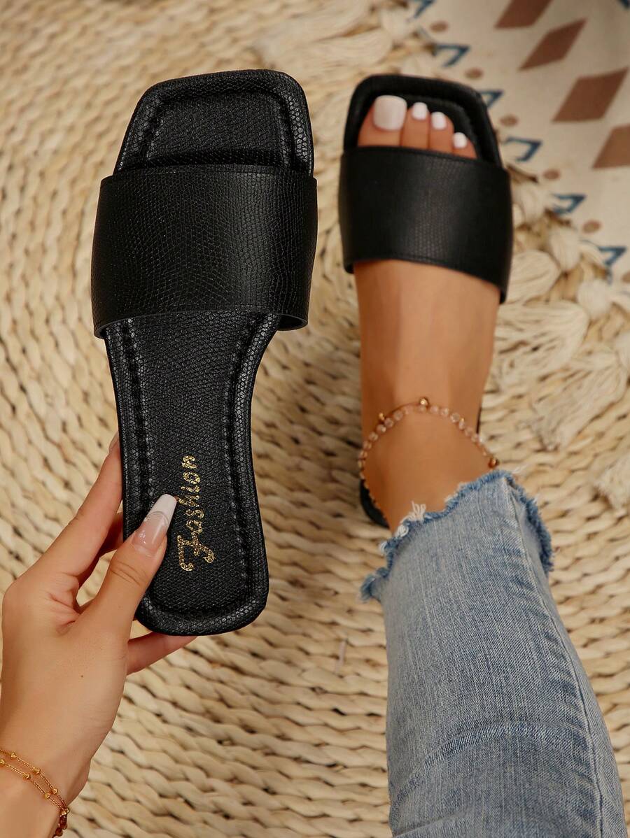 Sandálias Plus Size Slide, Novas Sandálias Rasas Pretas Bico Quadrado Primavera Verão, Combine com Vestidos para Fazer as Pernas Parecerem Mais Longas, Sandálias da Moda, Lindas Meninas Verão Praia Slip On Chinelos Antiderrapantes