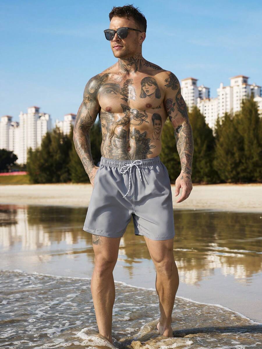 Manfinity Swimmode Homens Cintura Com Cordão Bolso Inclinado Short De Banho