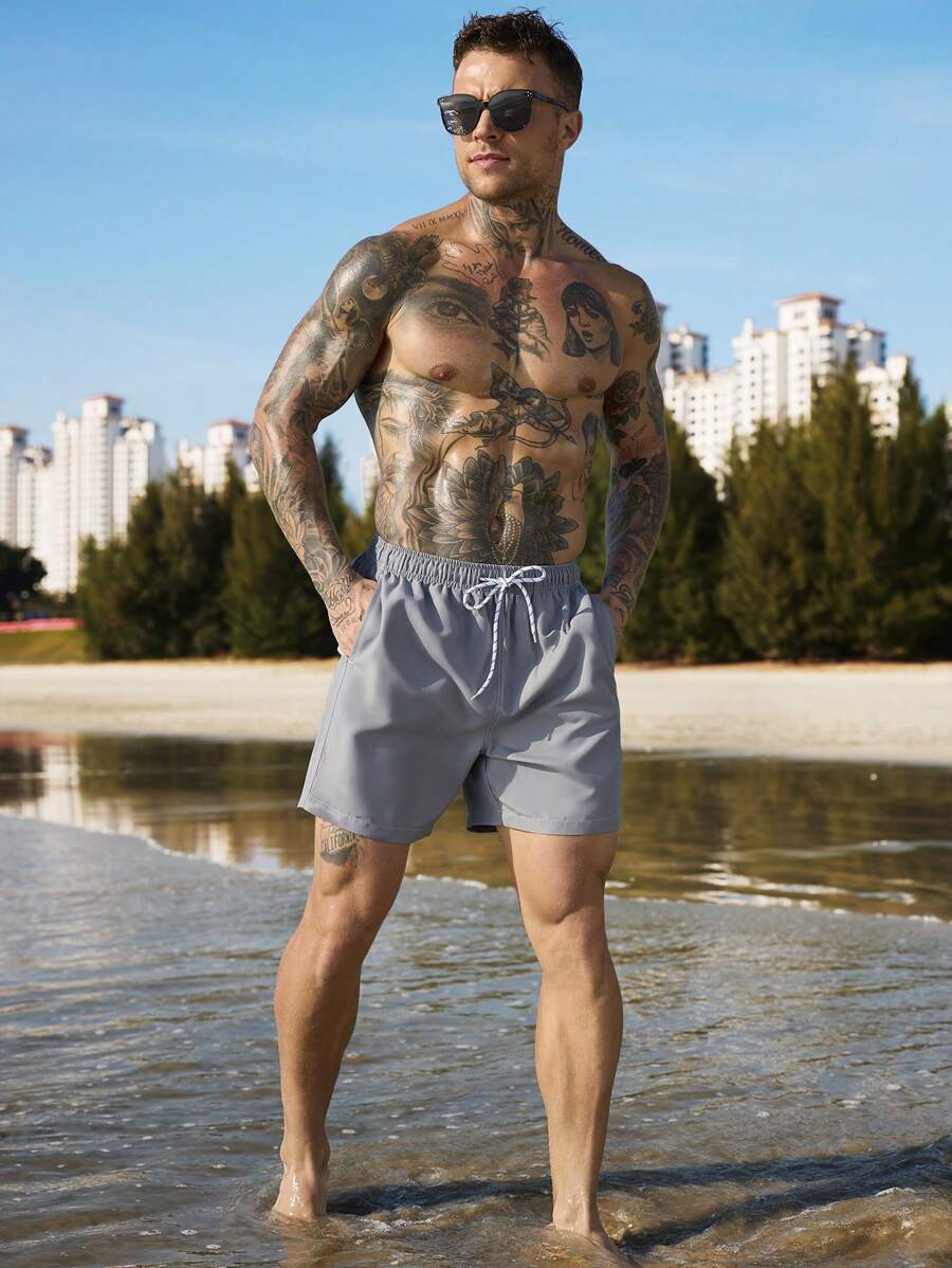 Manfinity Swimmode Homens Cintura Com Cordão Bolso Inclinado Short De Banho