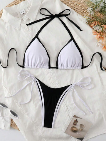 Conjunto de biquíni feminino com contraste de cores e bandeau sexy para férias de primavera, separado, praia, traje de banho