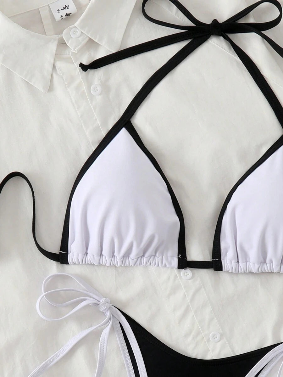 Conjunto de biquíni feminino com contraste de cores e bandeau sexy para férias de primavera, separado, praia, traje de banho