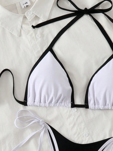 Conjunto de biquíni feminino com contraste de cores e bandeau sexy para férias de primavera, separado, praia, traje de banho