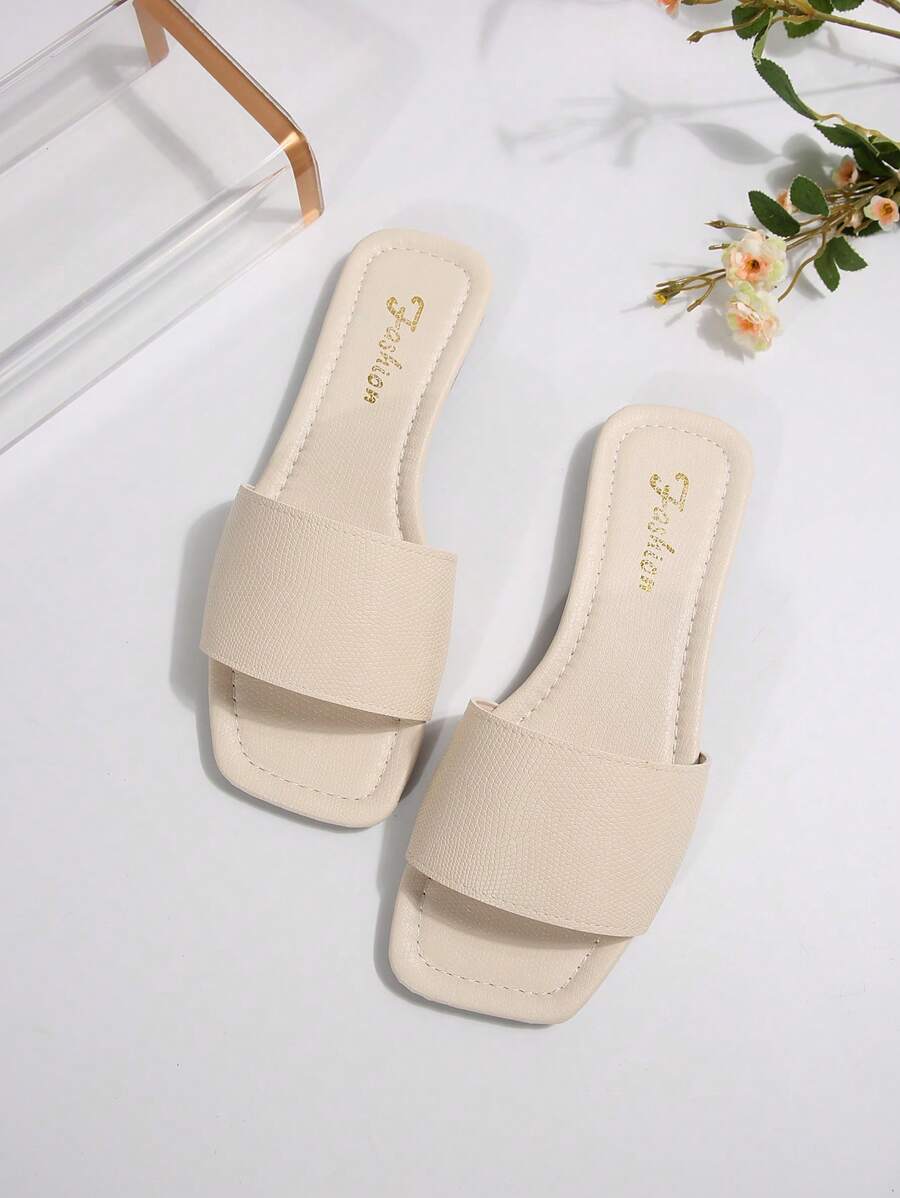 Sandálias Plus Size Slide, Novas Sandálias Rasas Pretas Bico Quadrado Primavera Verão, Combine com Vestidos para Fazer as Pernas Parecerem Mais Longas, Sandálias da Moda, Lindas Meninas Verão Praia Slip On Chinelos Antiderrapantes