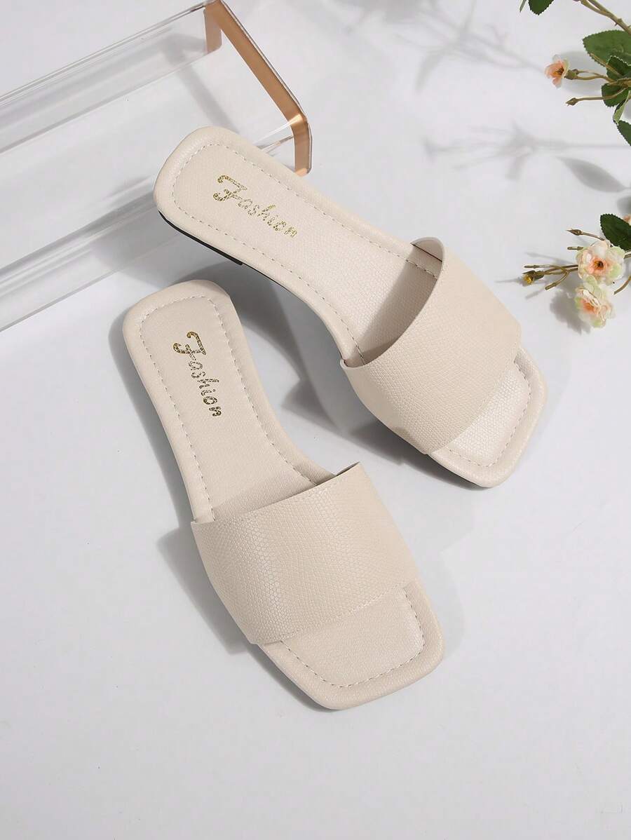 Sandálias Plus Size Slide, Novas Sandálias Rasas Pretas Bico Quadrado Primavera Verão, Combine com Vestidos para Fazer as Pernas Parecerem Mais Longas, Sandálias da Moda, Lindas Meninas Verão Praia Slip On Chinelos Antiderrapantes