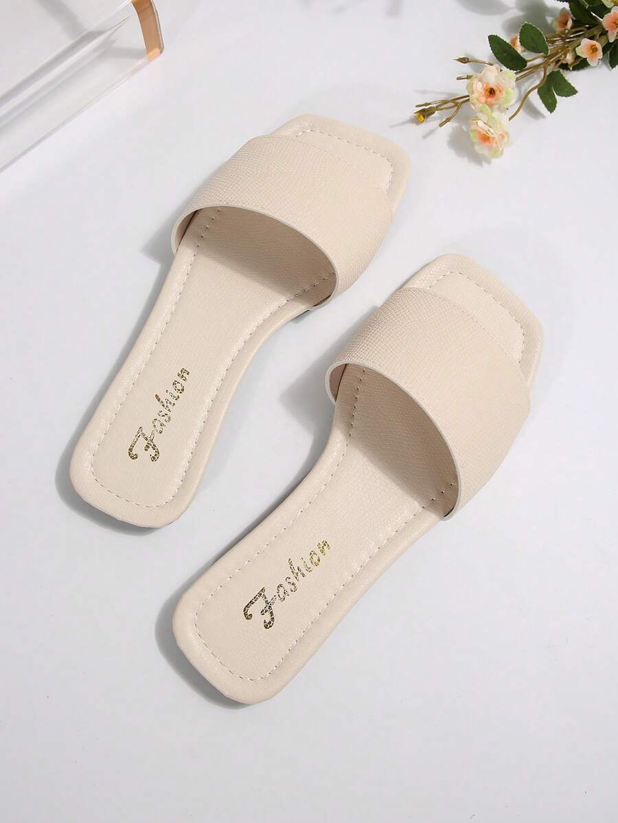 Sandálias Plus Size Slide, Novas Sandálias Rasas Pretas Bico Quadrado Primavera Verão, Combine com Vestidos para Fazer as Pernas Parecerem Mais Longas, Sandálias da Moda, Lindas Meninas Verão Praia Slip On Chinelos Antiderrapantes