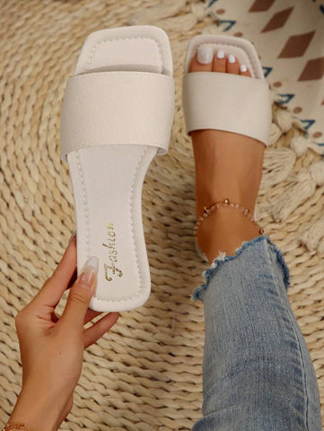 Sandálias Plus Size Slide, Novas Sandálias Rasas Pretas Bico Quadrado Primavera Verão, Combine com Vestidos para Fazer as Pernas Parecerem Mais Longas, Sandálias da Moda, Lindas Meninas Verão Praia Slip On Chinelos Antiderrapantes
