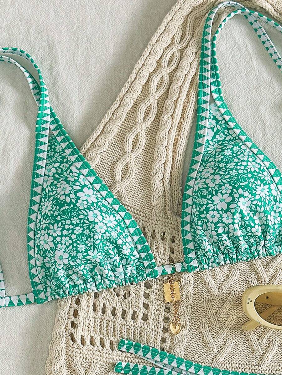Conjunto de biquíni estilo boêmio com alças florais e costas nuas, 2 peças, moda praia para férias/feriados, primavera/verão