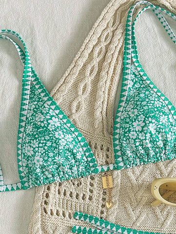 Conjunto de biquíni estilo boêmio com alças florais e costas nuas, 2 peças, moda praia para férias/feriados, primavera/verão