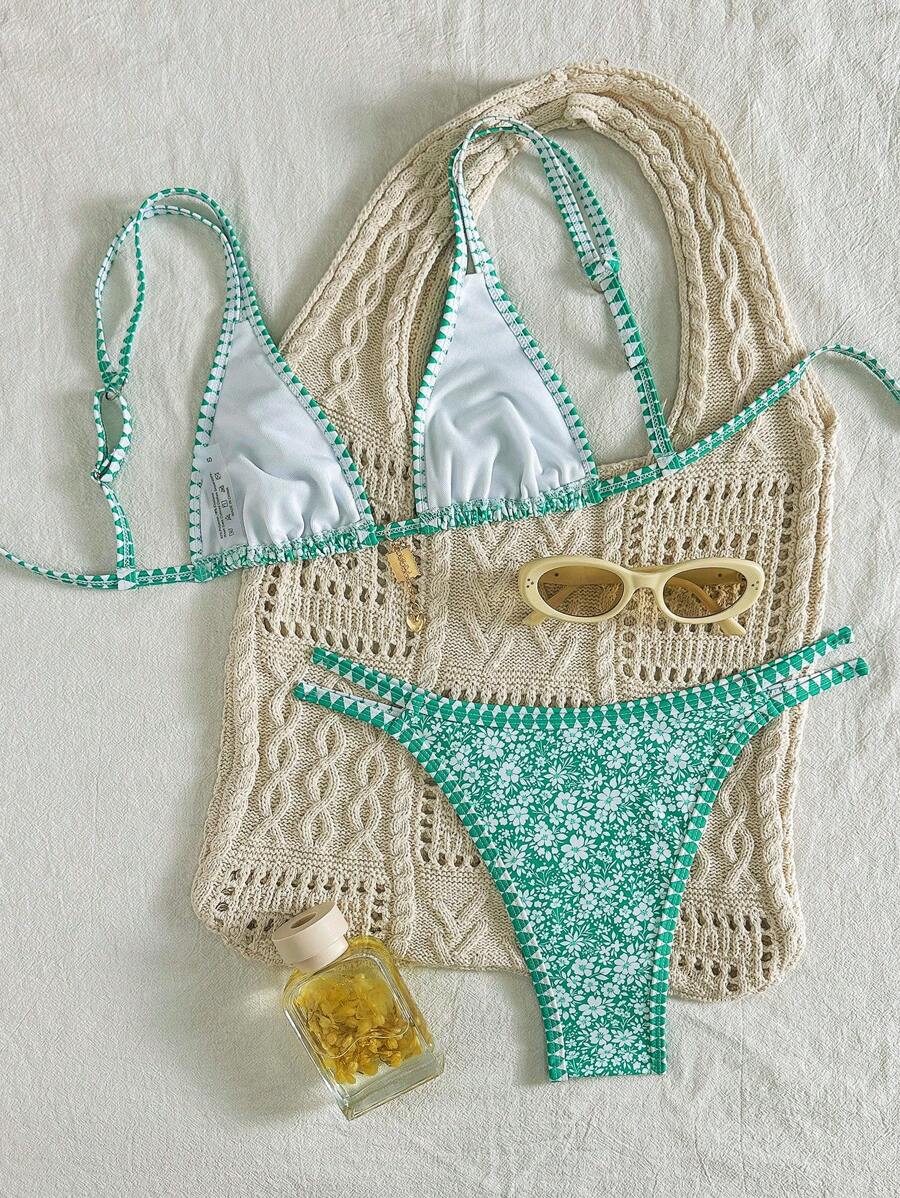 Conjunto de biquíni estilo boêmio com alças florais e costas nuas, 2 peças, moda praia para férias/feriados, primavera/verão