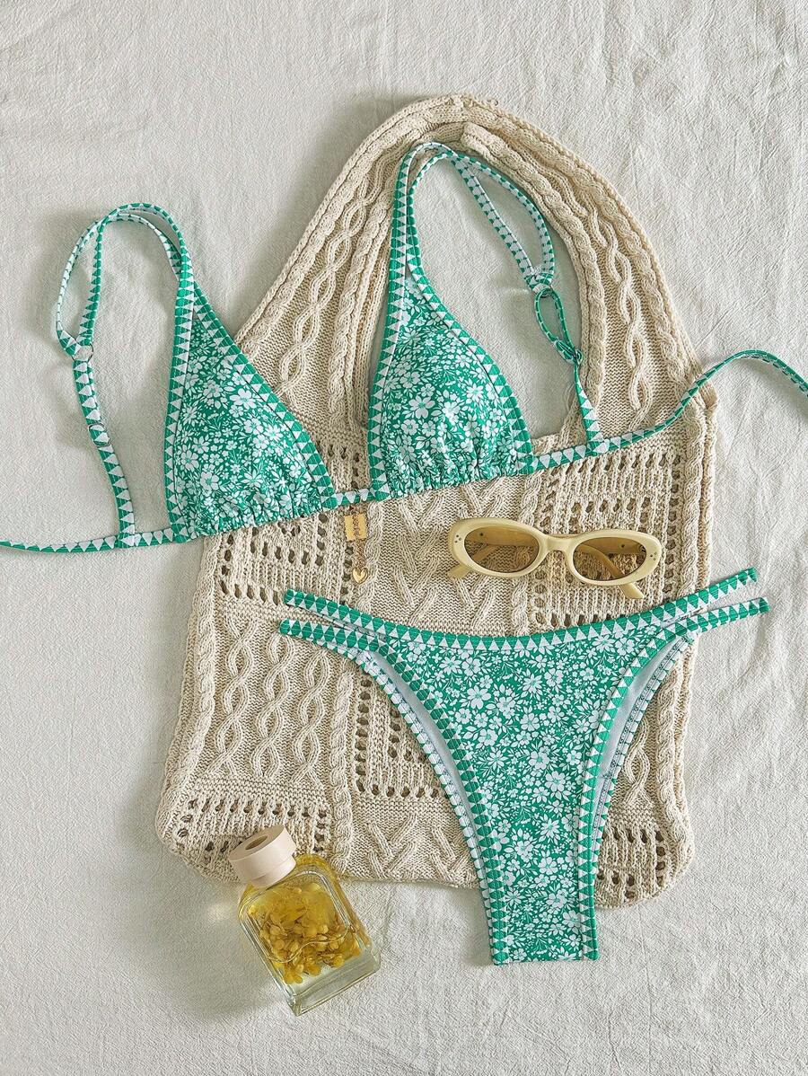 Conjunto de biquíni estilo boêmio com alças florais e costas nuas, 2 peças, moda praia para férias/feriados, primavera/verão