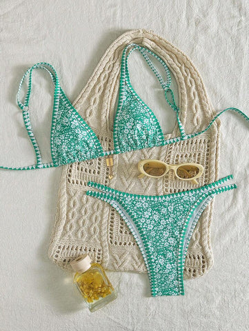 Conjunto de biquíni estilo boêmio com alças florais e costas nuas, 2 peças, moda praia para férias/feriados, primavera/verão