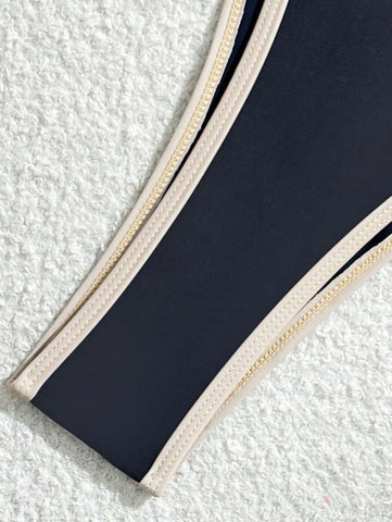 Conjunto de biquíni feminino com contraste de cores e bandeau sexy para férias de primavera, separado, praia, traje de banho