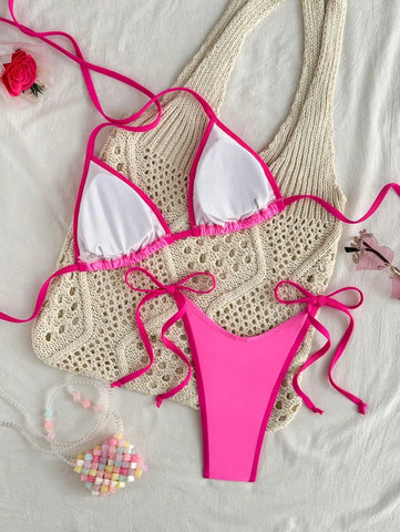 Conjunto de biquíni feminino com contraste de cores e bandeau sexy para férias de primavera, separado, praia, traje de banho