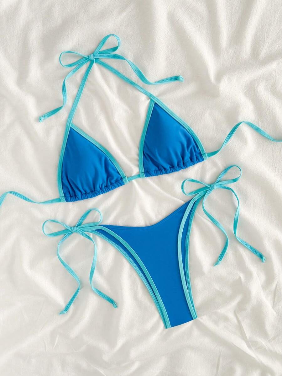 Conjunto de biquíni feminino com contraste de cores e bandeau sexy para férias de primavera, separado, praia, traje de banho