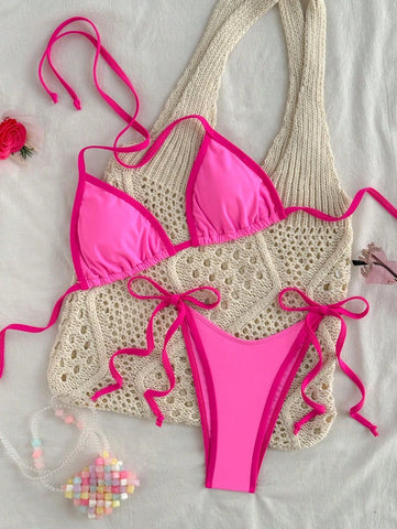 Conjunto de biquíni feminino com contraste de cores e bandeau sexy para férias de primavera, separado, praia, traje de banho