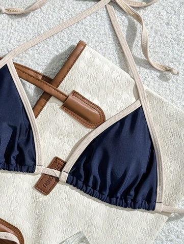 Conjunto de biquíni feminino com contraste de cores e bandeau sexy para férias de primavera, separado, praia, traje de banho