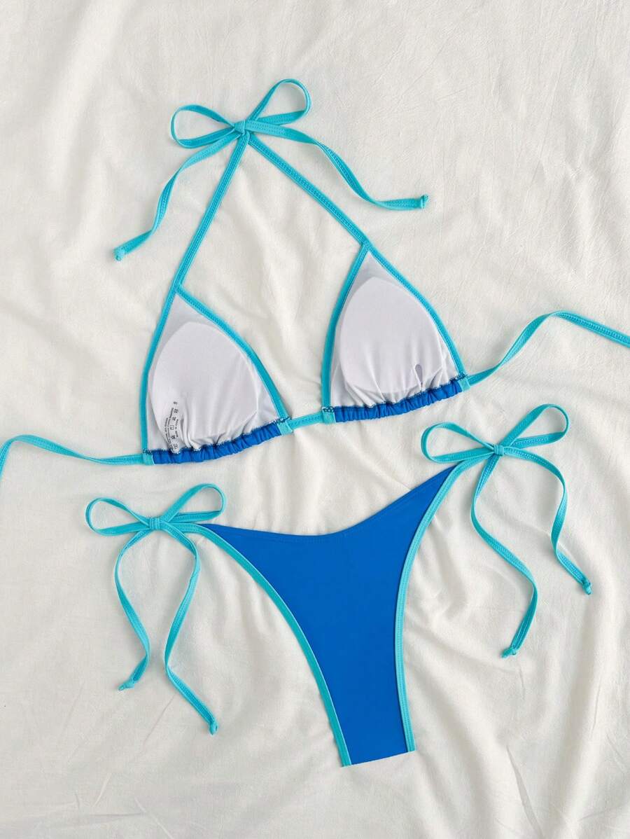 Conjunto de biquíni feminino com contraste de cores e bandeau sexy para férias de primavera, separado, praia, traje de banho