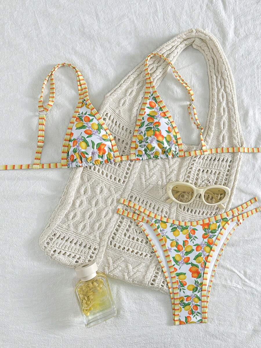 Swim Mod 2 peças/conjunto sexy fruta impressão contraste cor guarnição Fato de Banho top e alça lateral Fato de Banho parte inferior, férias de verão