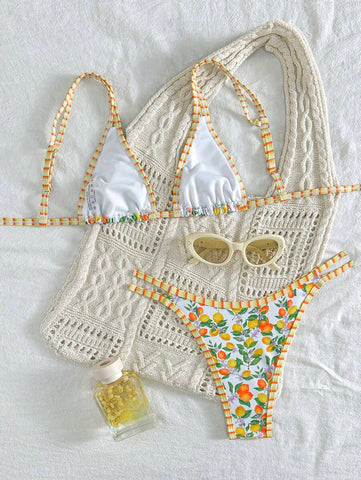 Swim Mod 2 peças/conjunto sexy fruta impressão contraste cor guarnição Fato de Banho top e alça lateral Fato de Banho parte inferior, férias de verão