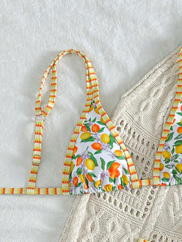 Swim Mod 2 peças/conjunto sexy fruta impressão contraste cor guarnição Fato de Banho top e alça lateral Fato de Banho parte inferior, férias de verão