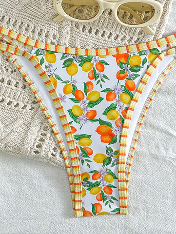 Swim Mod 2 peças/conjunto sexy fruta impressão contraste cor guarnição Fato de Banho top e alça lateral Fato de Banho parte inferior, férias de verão