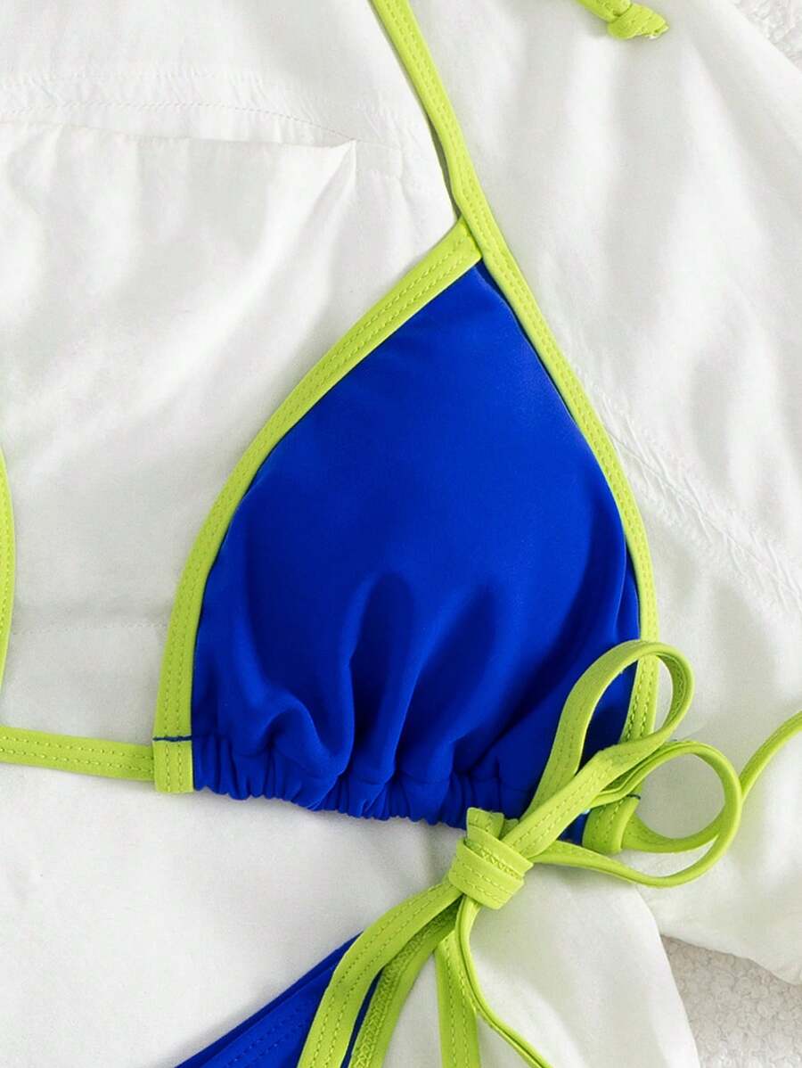 Conjunto de biquíni feminino com contraste de cores e bandeau sexy para férias de primavera, separado, praia, traje de banho