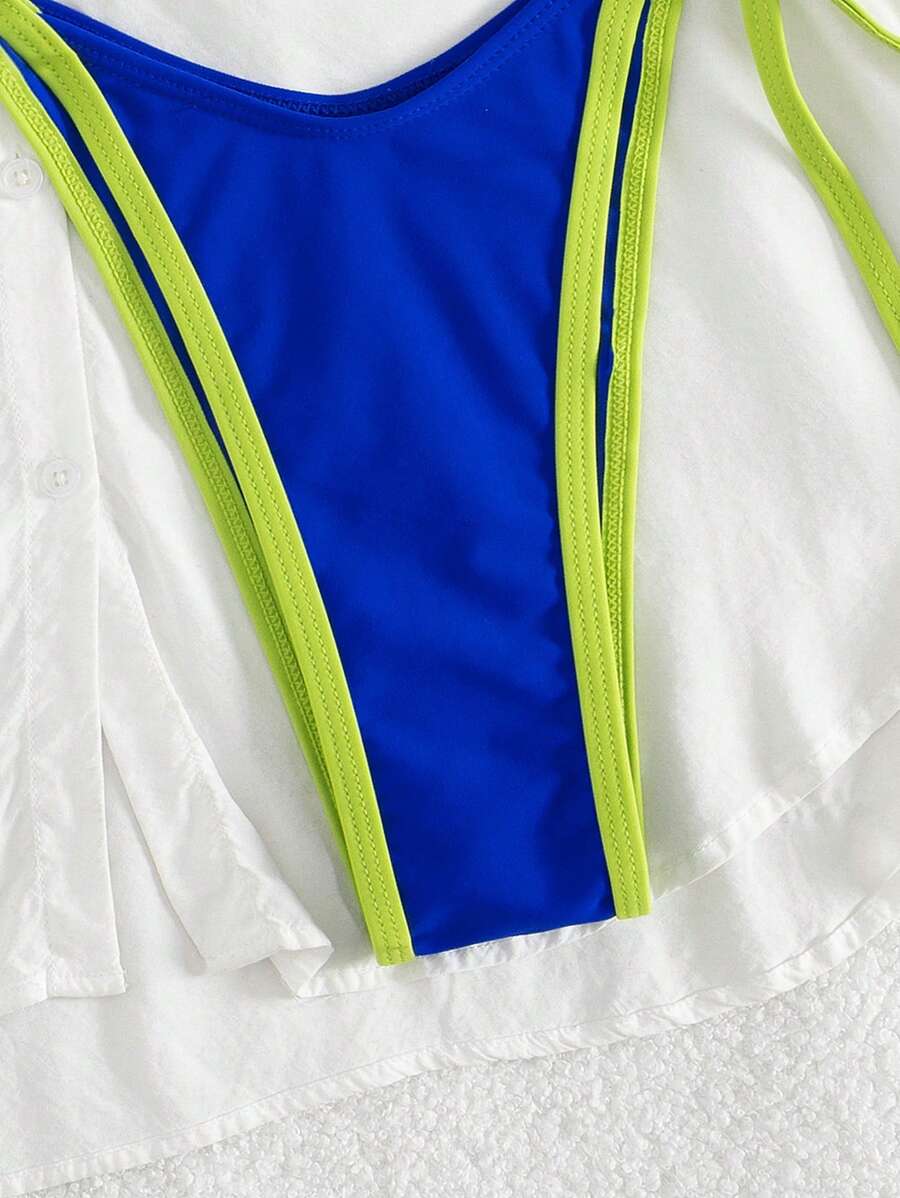 Conjunto de biquíni feminino com contraste de cores e bandeau sexy para férias de primavera, separado, praia, traje de banho