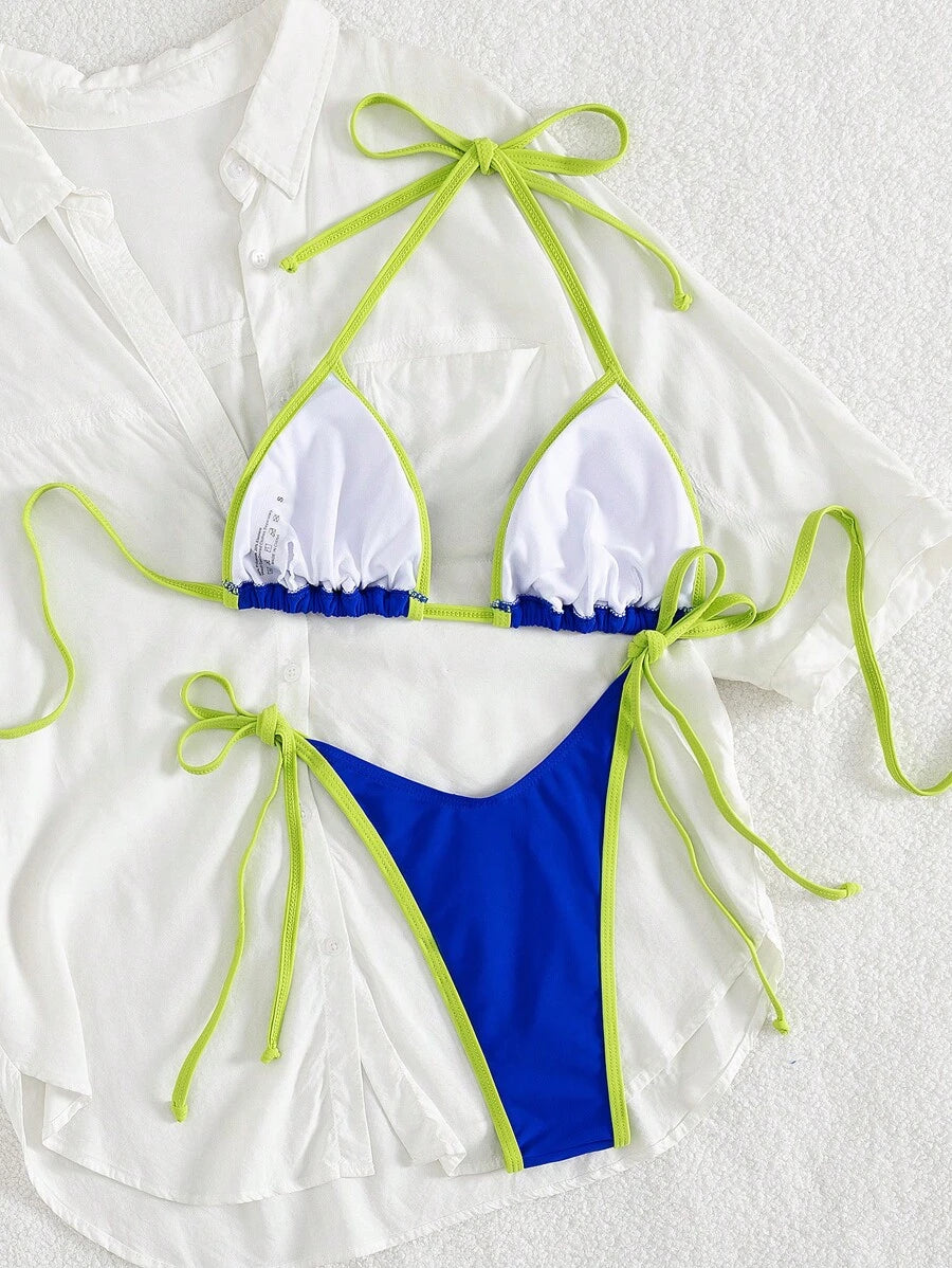 Conjunto de biquíni feminino com contraste de cores e bandeau sexy para férias de primavera, separado, praia, traje de banho