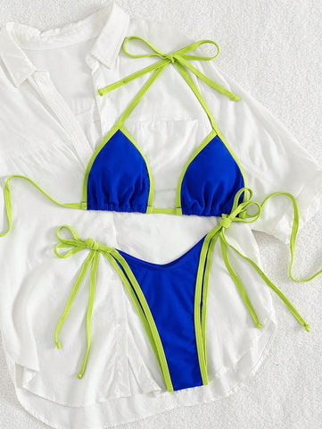 Conjunto de biquíni feminino com contraste de cores e bandeau sexy para férias de primavera, separado, praia, traje de banho
