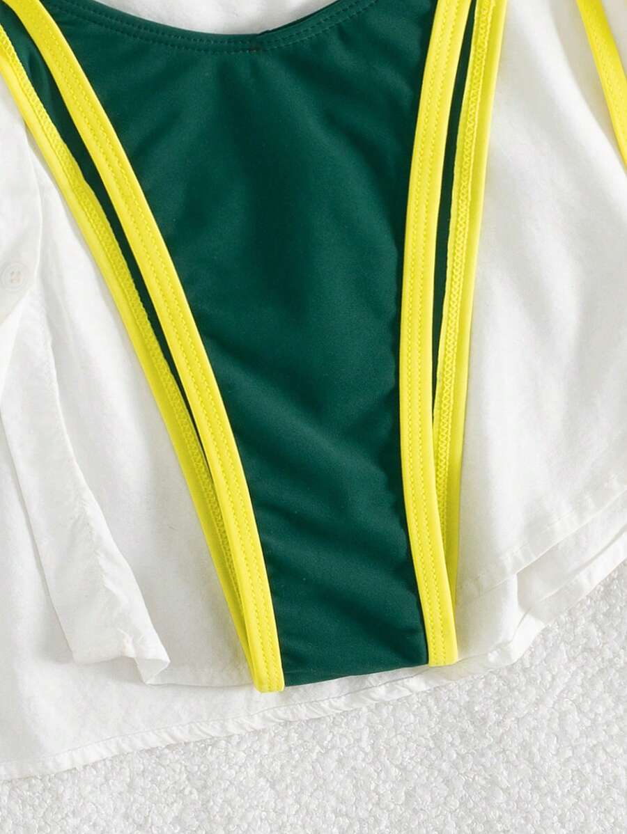Conjunto de biquíni feminino com contraste de cores e bandeau sexy para férias de primavera, separado, praia, traje de banho