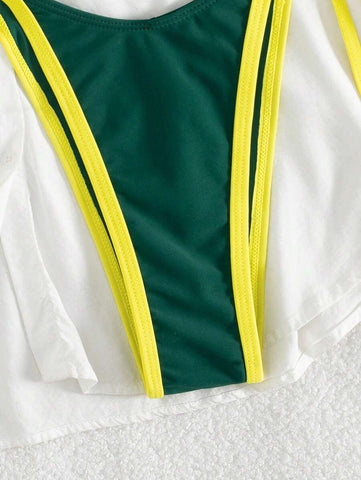Conjunto de biquíni feminino com contraste de cores e bandeau sexy para férias de primavera, separado, praia, traje de banho
