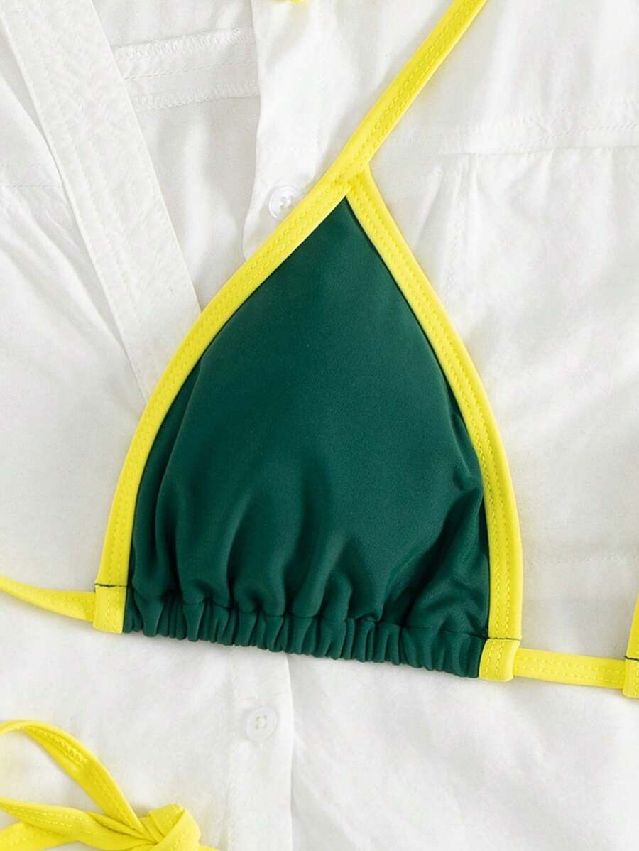 Conjunto de biquíni feminino com contraste de cores e bandeau sexy para férias de primavera, separado, praia, traje de banho