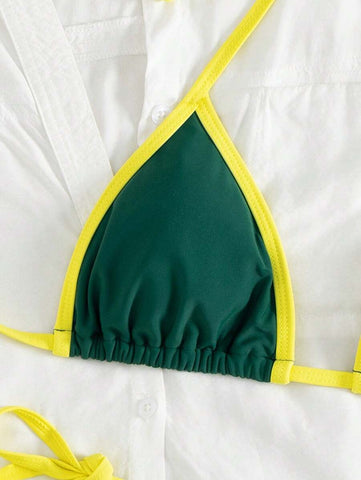 Conjunto de biquíni feminino com contraste de cores e bandeau sexy para férias de primavera, separado, praia, traje de banho