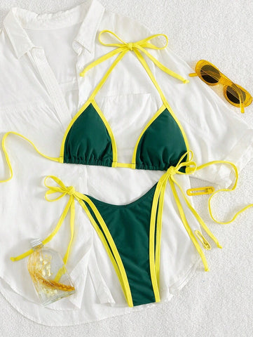 Conjunto de biquíni feminino com contraste de cores e bandeau sexy para férias de primavera, separado, praia, traje de banho