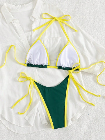 Conjunto de biquíni feminino com contraste de cores e bandeau sexy para férias de primavera, separado, praia, traje de banho