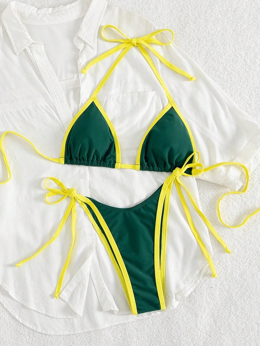 Conjunto de biquíni feminino com contraste de cores e bandeau sexy para férias de primavera, separado, praia, traje de banho