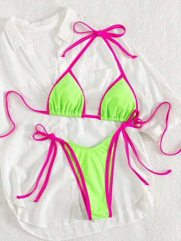 Conjunto de biquíni feminino com contraste de cores e bandeau sexy para férias de primavera, separado, praia, traje de banho