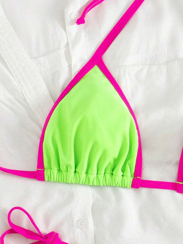 Conjunto de biquíni feminino com contraste de cores e bandeau sexy para férias de primavera, separado, praia, traje de banho