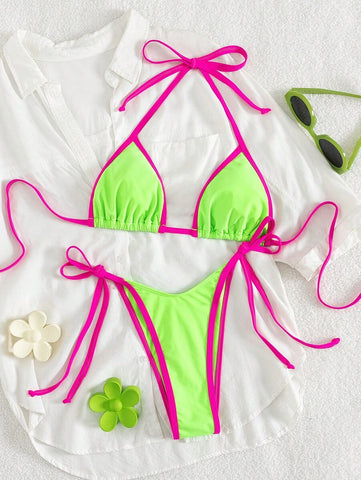 Conjunto de biquíni feminino com contraste de cores e bandeau sexy para férias de primavera, separado, praia, traje de banho