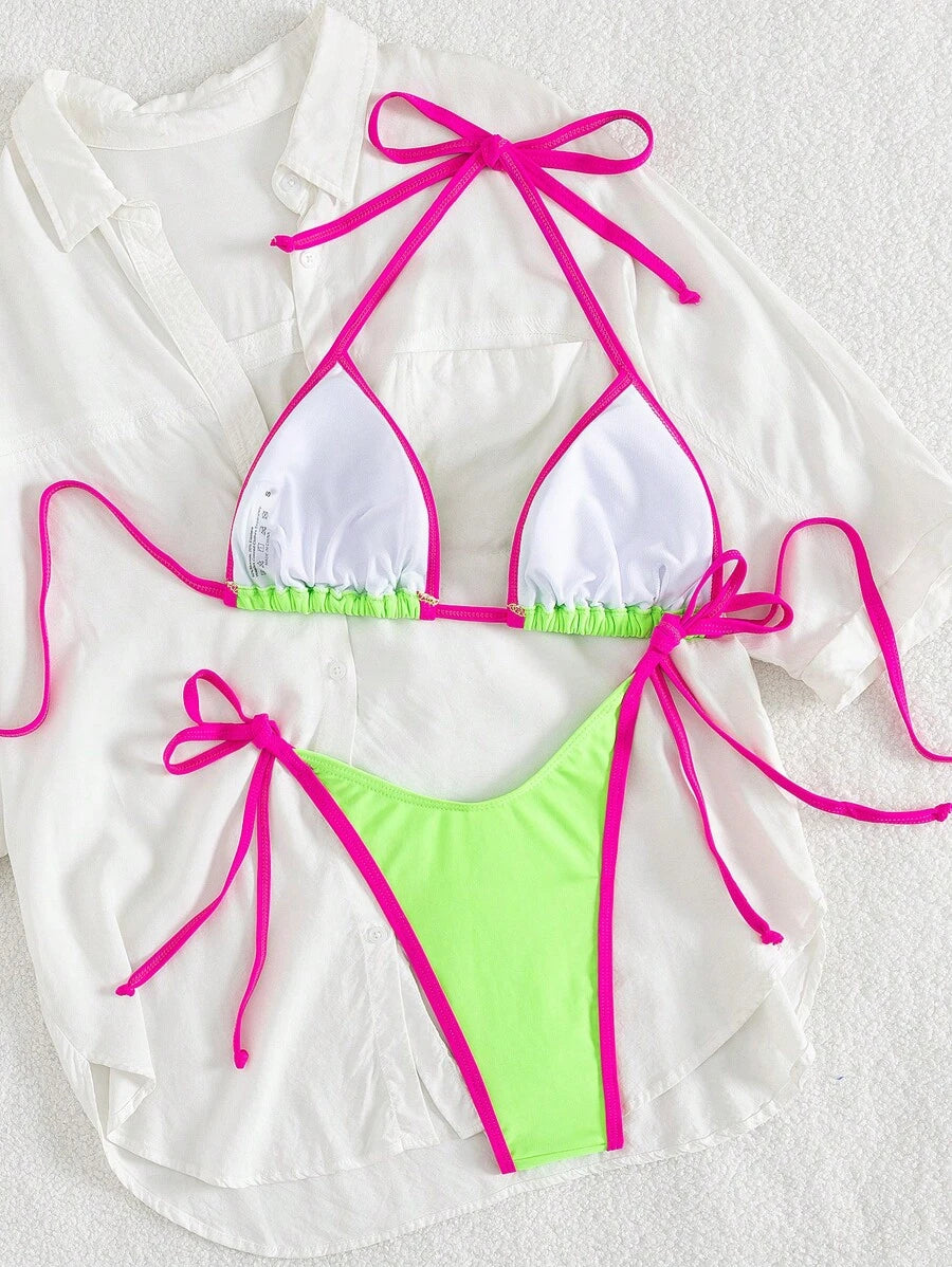 Conjunto de biquíni feminino com contraste de cores e bandeau sexy para férias de primavera, separado, praia, traje de banho