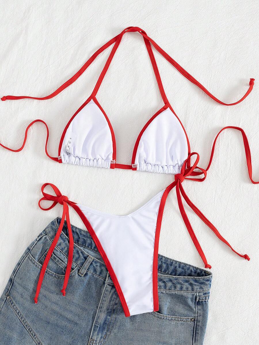 Conjunto de biquíni feminino com contraste de cores e bandeau sexy para férias de primavera, separado, praia, traje de banho