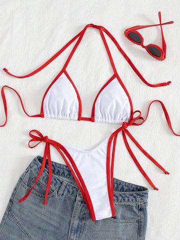 Conjunto de biquíni feminino com contraste de cores e bandeau sexy para férias de primavera, separado, praia, traje de banho