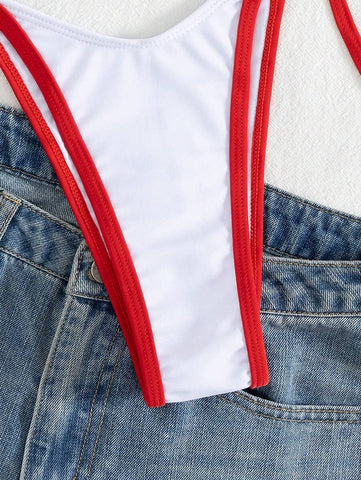 Conjunto de biquíni feminino com contraste de cores e bandeau sexy para férias de primavera, separado, praia, traje de banho