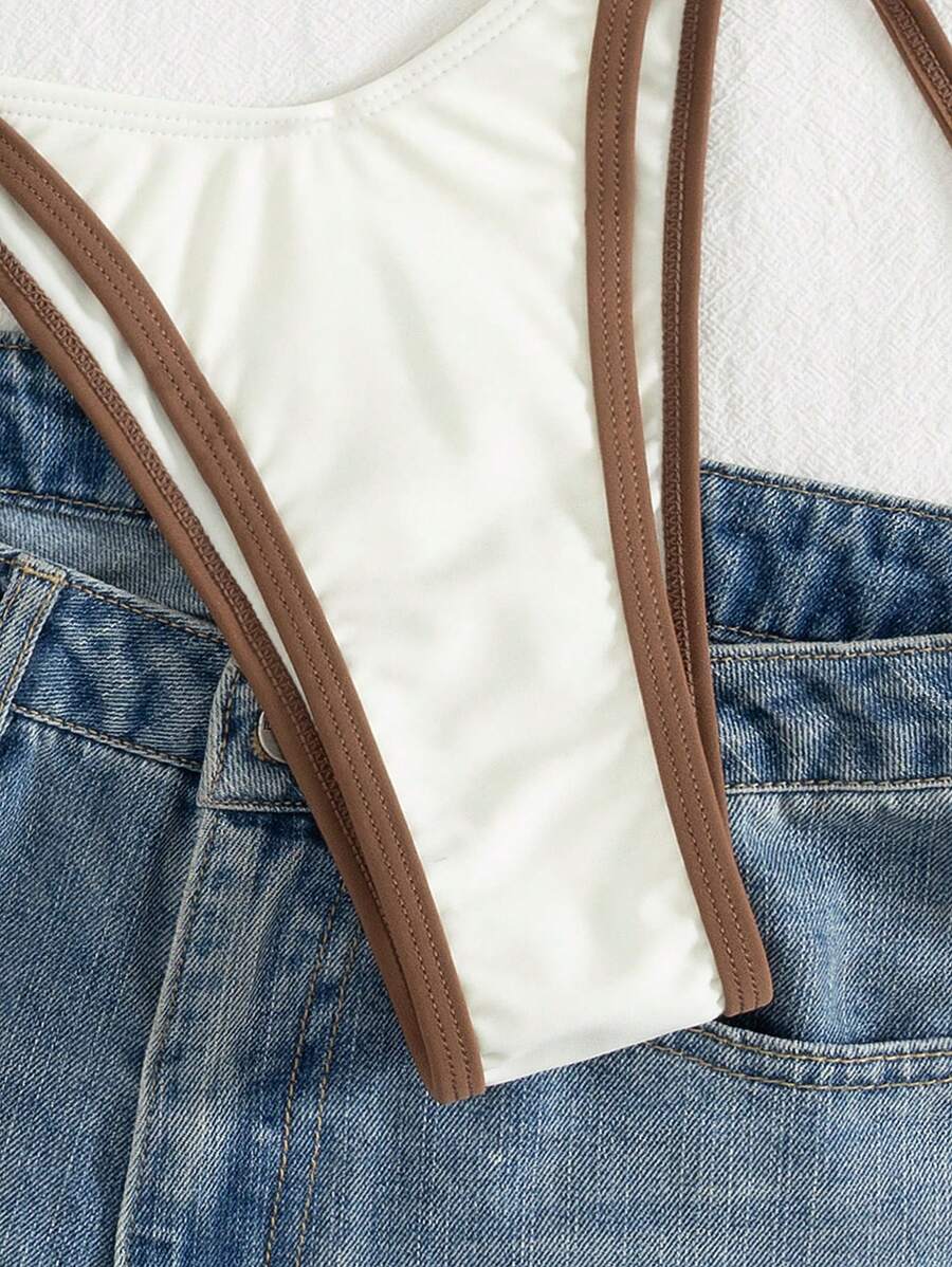 Conjunto de biquíni feminino com contraste de cores e bandeau sexy para férias de primavera, separado, praia, traje de banho