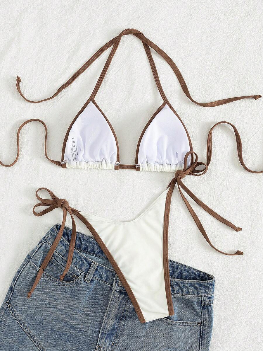 Conjunto de biquíni feminino com contraste de cores e bandeau sexy para férias de primavera, separado, praia, traje de banho