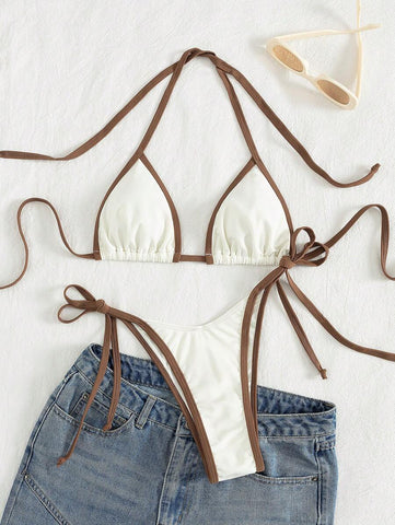 Conjunto de biquíni feminino com contraste de cores e bandeau sexy para férias de primavera, separado, praia, traje de banho