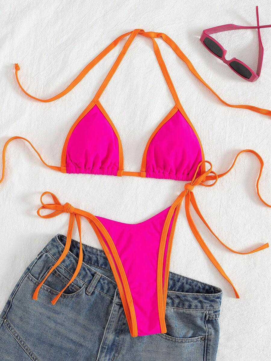 Conjunto de biquíni feminino com contraste de cores e bandeau sexy para férias de primavera, separado, praia, traje de banho
